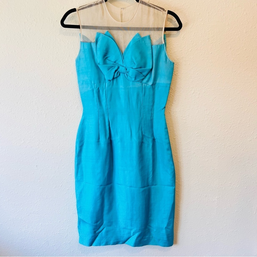 Sold Vintage 1960s Union Made Mesh Bow Front Turquoise Dress 9
